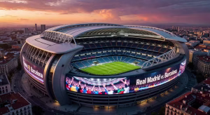 Escapadas urbanas a los estadios de fútbol europeos más espectaculares Vista aérea del moderno estadio Santiago Bernabéu de Madrid al atardecer con su espectacular fachada LED y techo retráctil