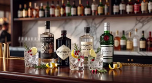 Ginebras del mundo: el nuevo pasaporte del lujo líquido Colección de ginebras premium de lujo en barra de madera oscura con copas de cristal y botánicos