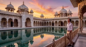 Palacio de lujo en Rajastán al atardecer con arquitectura mogol y piscina reflectante