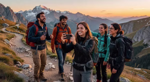 Viajar en grupo: 11 beneficios que transformarán tu próxima aventura Grupo de jóvenes profesionales disfrutando de senderismo en las montañas durante un viaje en grupo