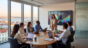 Jóvenes profesionales en reunión de negocios internacional en oficina moderna europea durante prácticas laborales