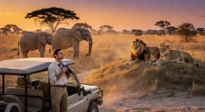 7 consejos esenciales que debes conocer antes de viajar a Sudáfrica Viajero en safari de lujo observando elefantes en el Parque Kruger de Sudáfrica al atardecer
