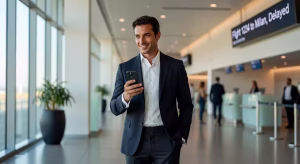 Ejecutivo europeo consultando su smartphone con eSIM en terminal de aeropuerto moderno