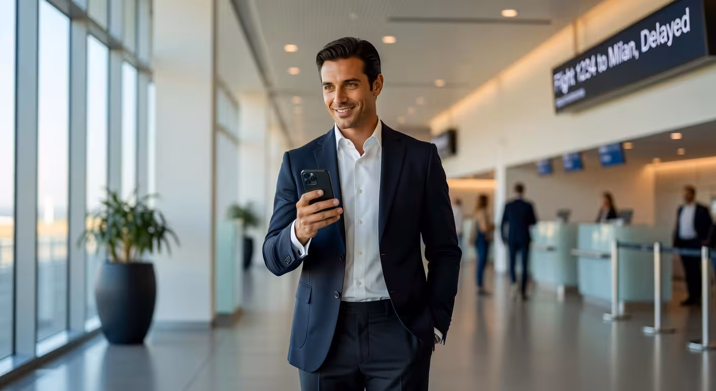 Ejecutivo europeo consultando su smartphone con eSIM en terminal de aeropuerto moderno