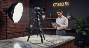 Cámara profesional de formato medio Hasselblad en estudio fotográfico de lujo