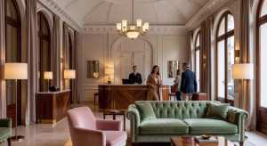 Lobby elegante del Grand Powers Hotel en París con decoración art déco y arquitectura Haussmann