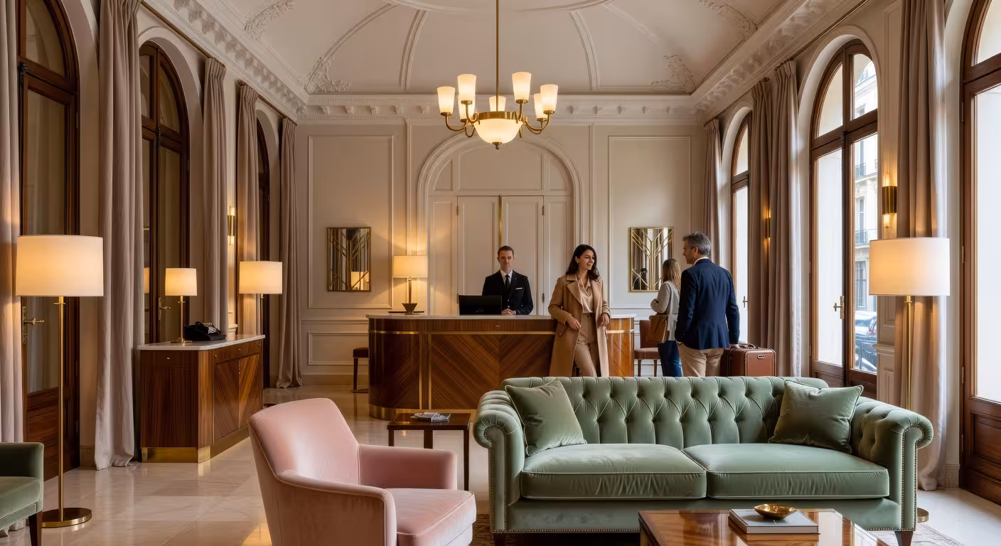 Lobby elegante del Grand Powers Hotel en París con decoración art déco y arquitectura Haussmann