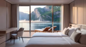 Camarote de lujo con terraza en crucero Viking con vistas a los fiordos noruegos