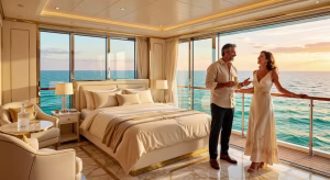 Suite de lujo en Celebrity Apex con vistas al océano y pareja disfrutando de champagne en la terraza privada