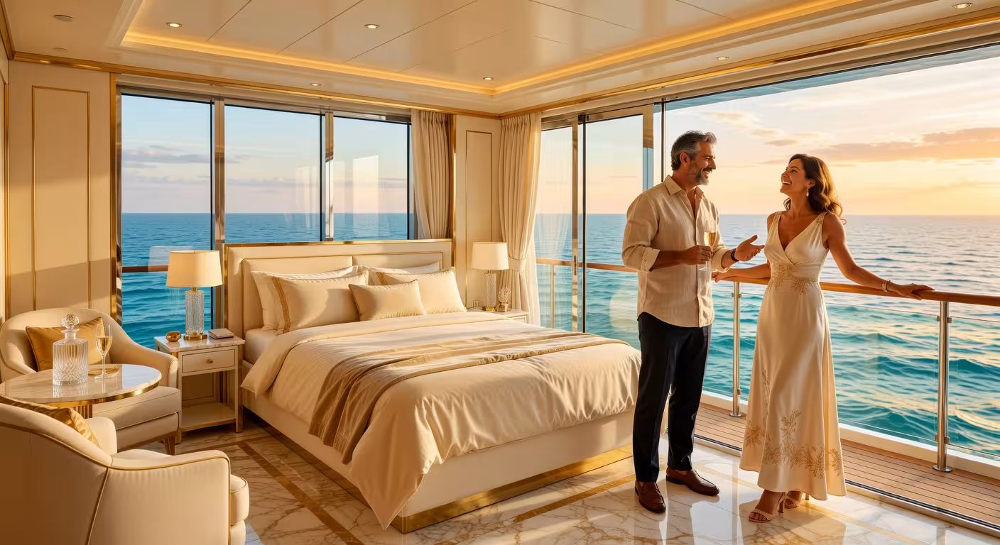 Suite de lujo en Celebrity Apex con vistas al océano y pareja disfrutando de champagne en la terraza privada