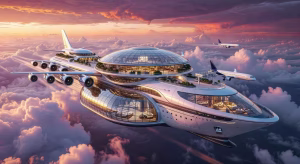 Concepto artístico del Sky Cruise, el hotel volador de propulsión nuclear diseñado por Hashem Al-Ghaili