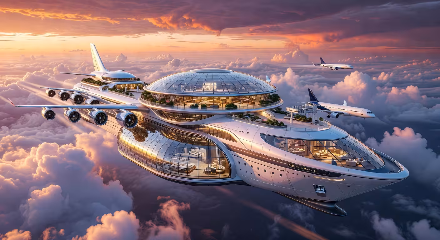 Concepto artístico del Sky Cruise, el hotel volador de propulsión nuclear diseñado por Hashem Al-Ghaili