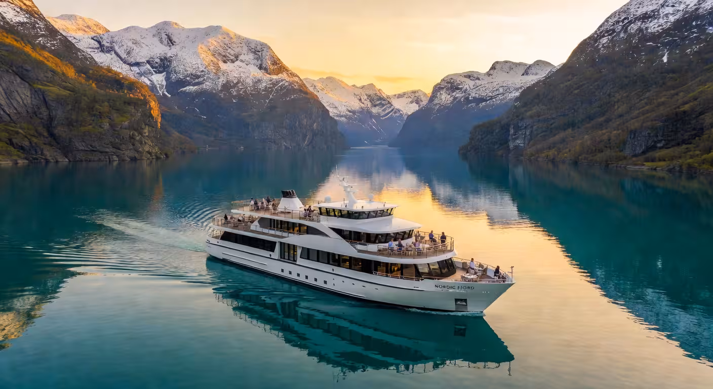 Crucero de lujo Viking navegando por fiordo noruego bajo el sol de medianoche