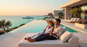 Cómo pasar tus vacaciones de verano con comodidad y estilo Pareja disfrutando de vacaciones de lujo en villa mediterránea con piscina infinita y vistas al mar