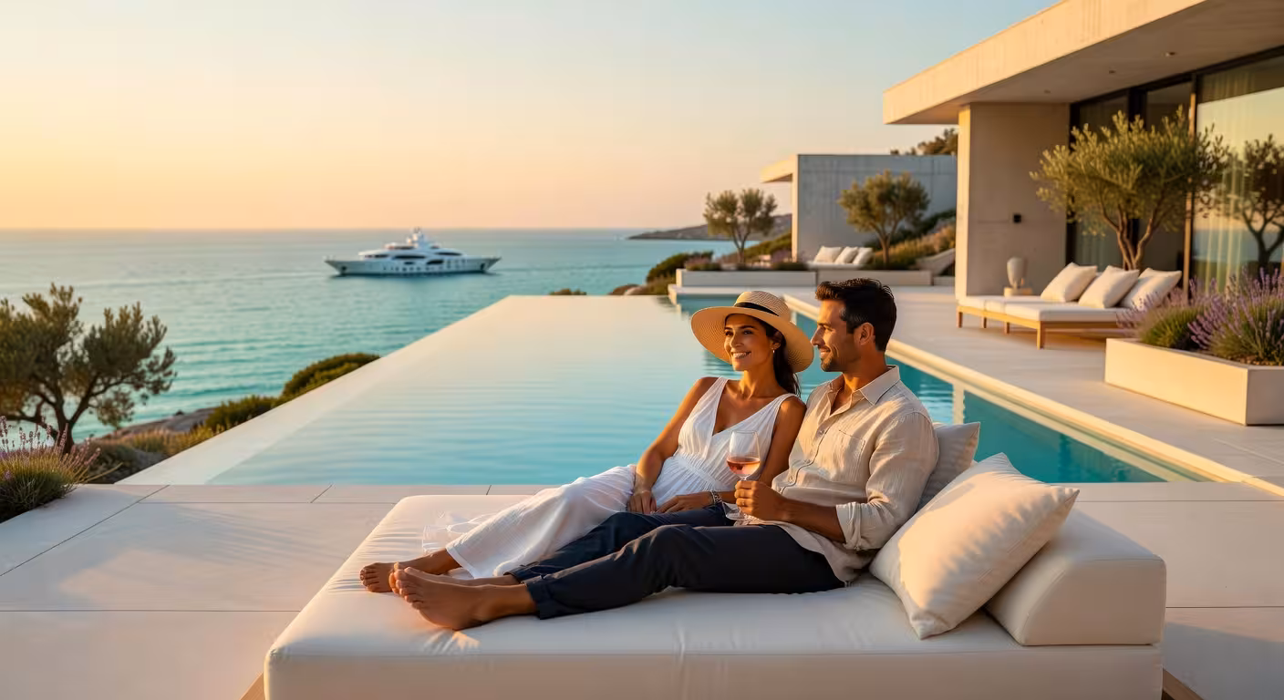 Cómo pasar tus vacaciones de verano con comodidad y estilo Pareja disfrutando de vacaciones de lujo en villa mediterránea con piscina infinita y vistas al mar