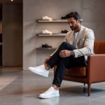 Hombre europeo probándose zapatillas de lujo en boutique moderna