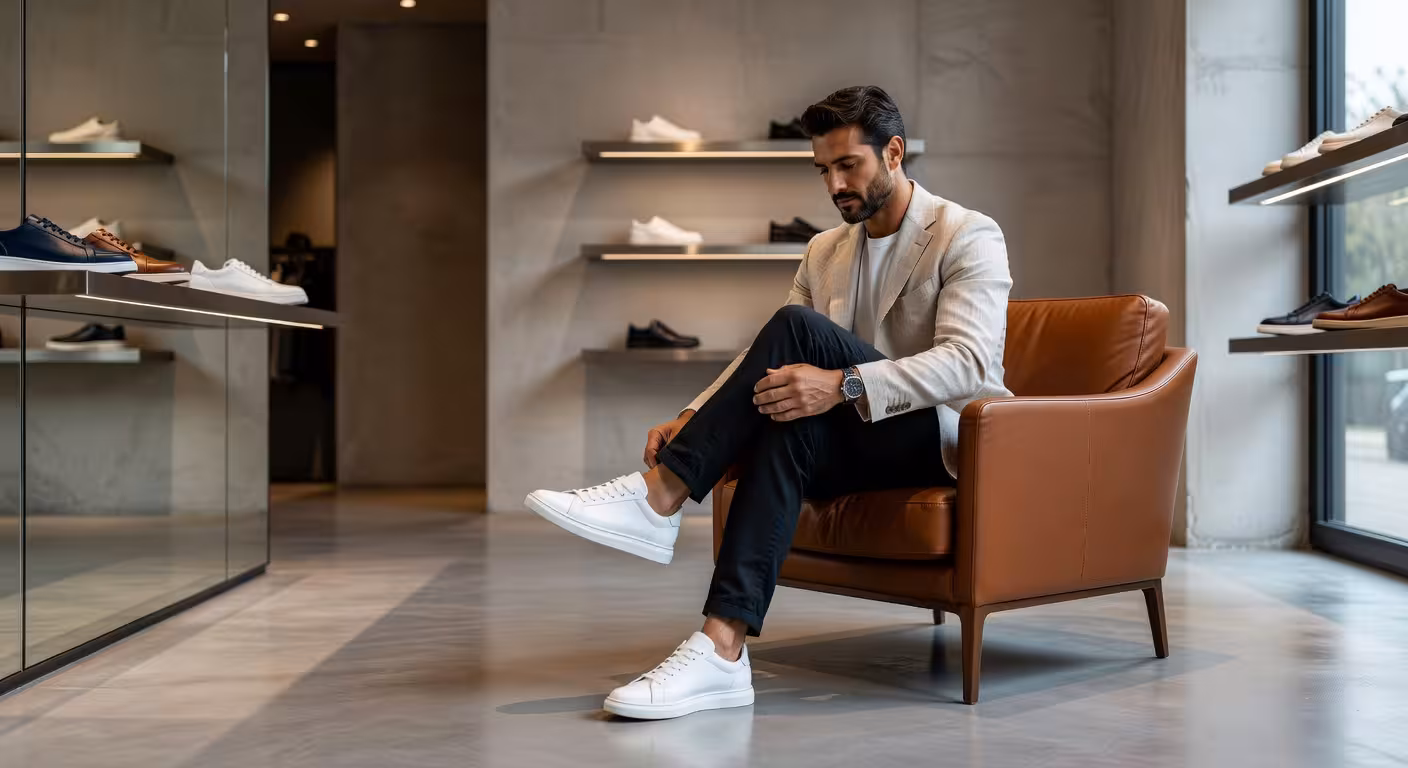 Hombre europeo probándose zapatillas de lujo en boutique moderna