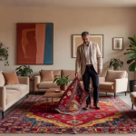 Salón de lujo moderno con alfombra persa vintage como pieza central y decoración contemporánea