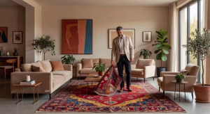 7 razones para invertir en una alfombra vintage que transformará tu hogar Salón de lujo moderno con alfombra persa vintage como pieza central y decoración contemporánea