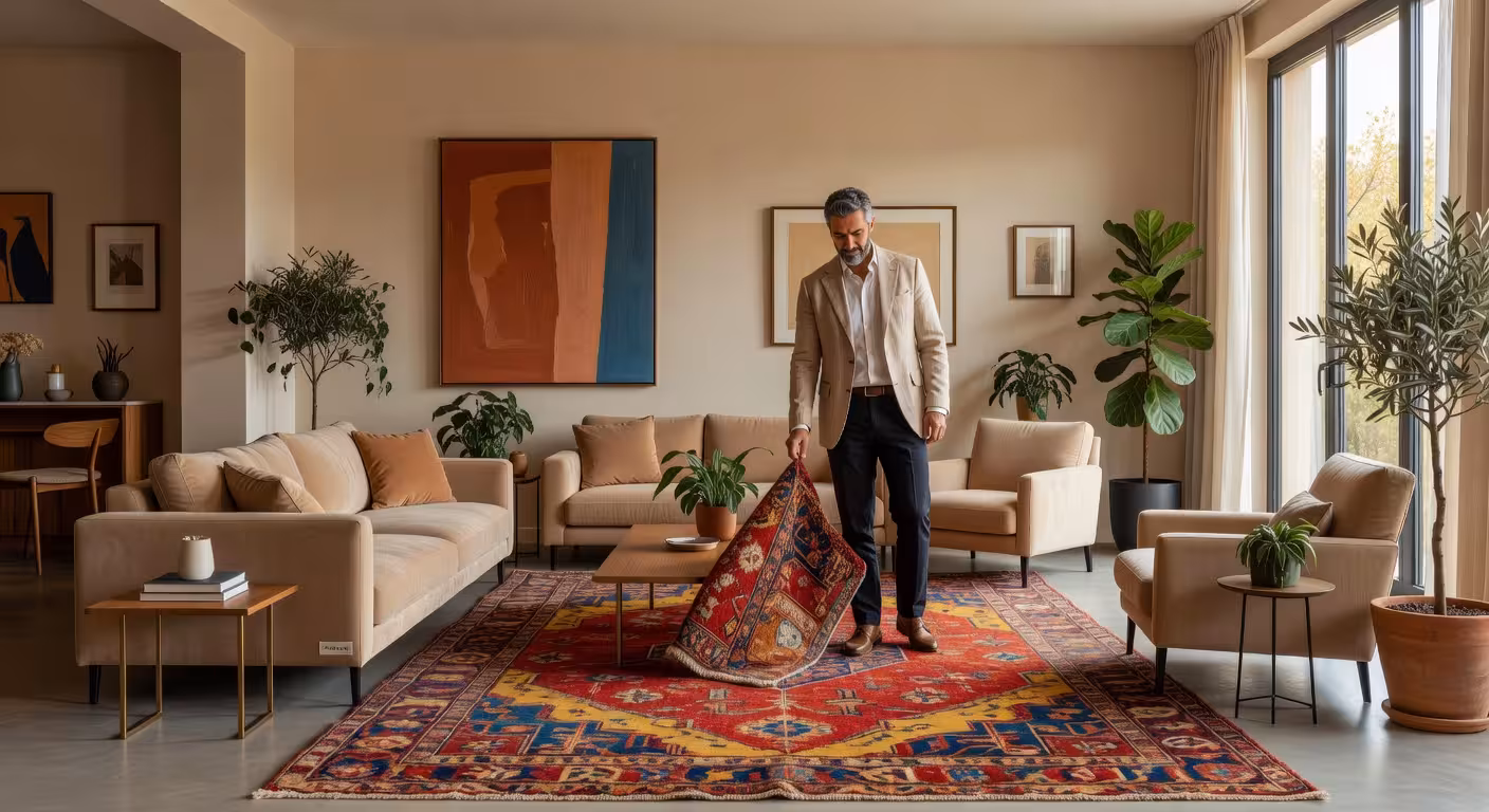 Salón de lujo moderno con alfombra persa vintage como pieza central y decoración contemporánea