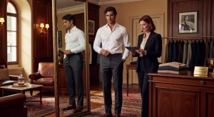 Hombre probándose pantalones perfectos en boutique de lujo con asesoramiento profesional