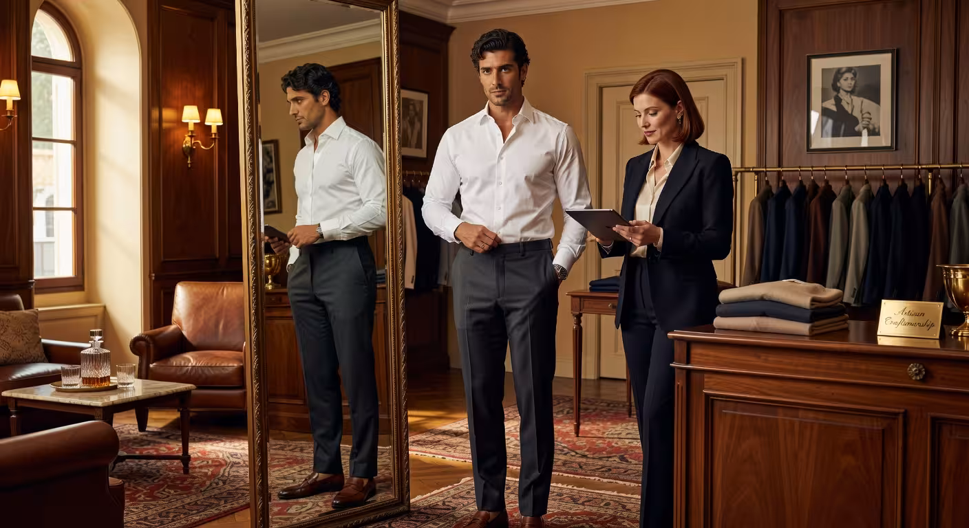 Hombre probándose pantalones perfectos en boutique de lujo con asesoramiento profesional
