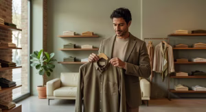 Hombre examinando ropa sostenible de alta calidad en boutique de moda ética