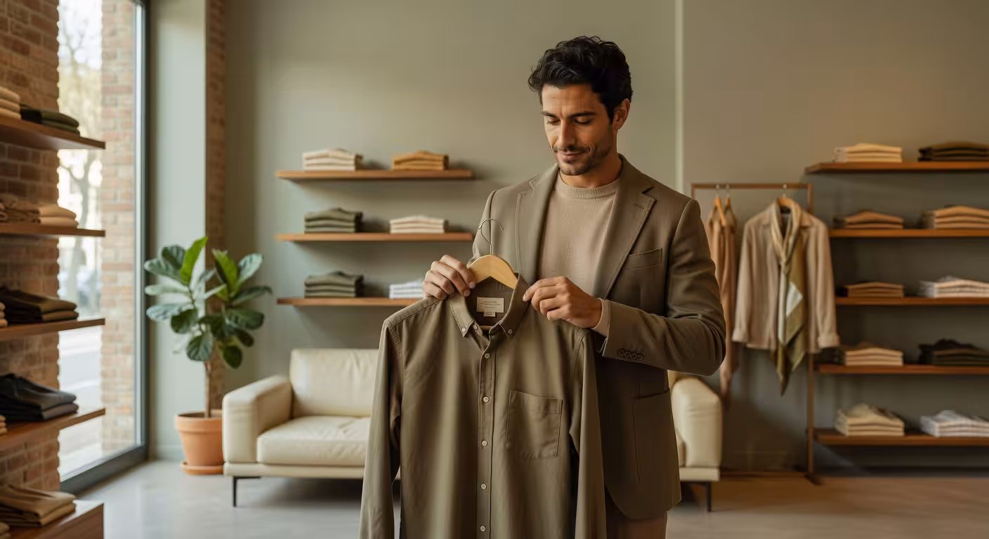 Hombre examinando ropa sostenible de alta calidad en boutique de moda ética