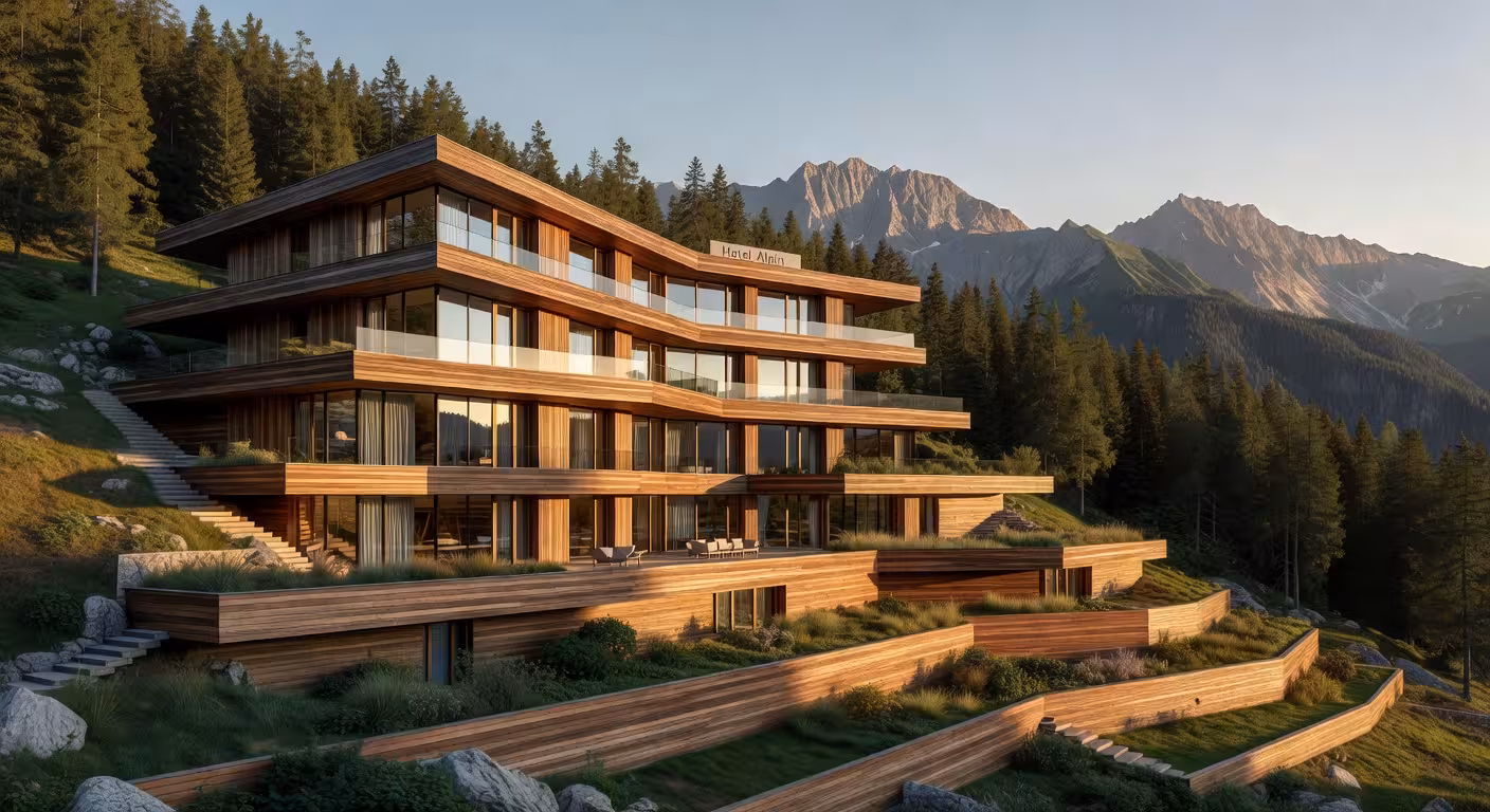 Fachada exterior del Hôtel des Horlogers con su característica arquitectura en zigzag integrada en el paisaje alpino suizo