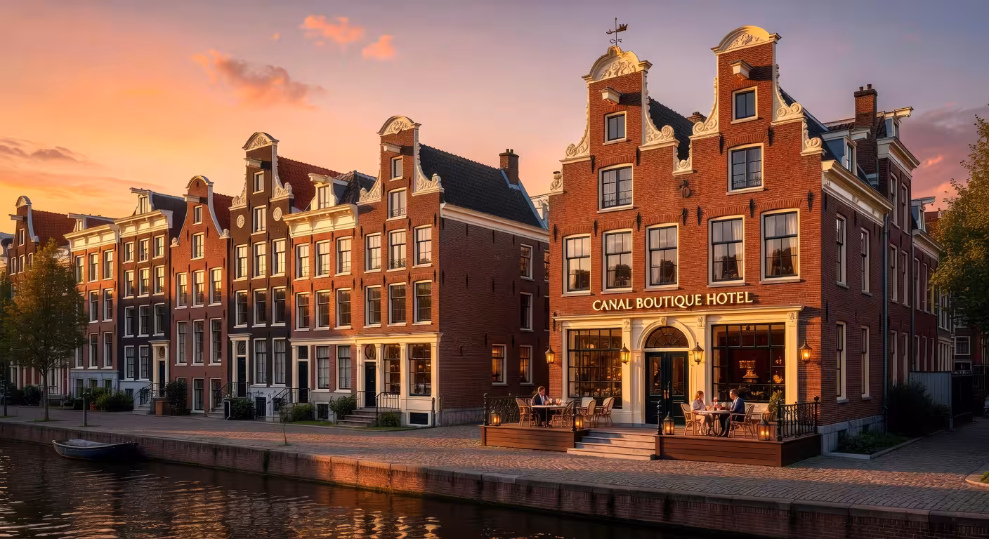 Viaje de lujo a Ámsterdam: los mejores hoteles de cinco estrellas Vista de hotel de lujo en los canales de Ámsterdam al atardecer con arquitectura holandesa del siglo XVII