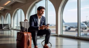 Hombre consultando ofertas de último minuto en su smartphone en el aeropuerto