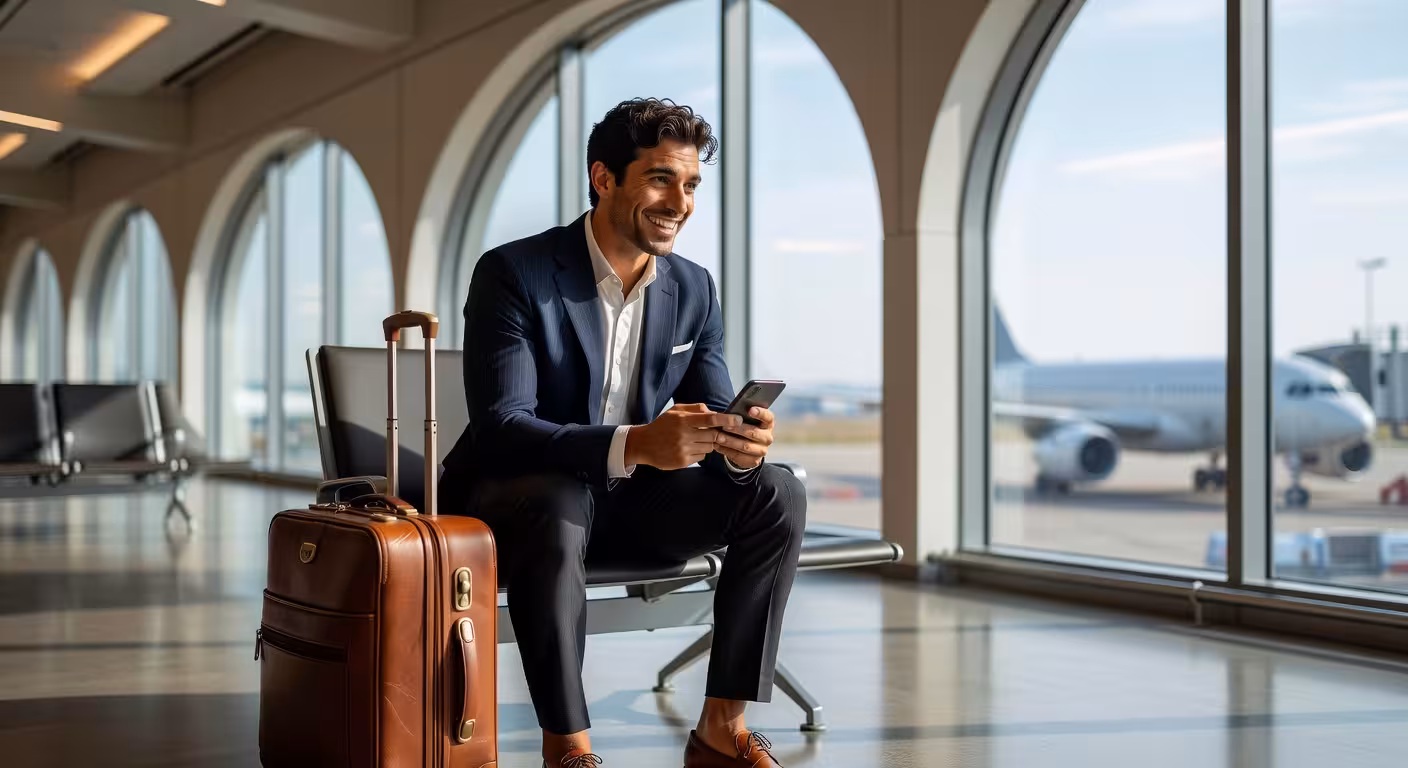 Vacaciones de último minuto: ventajas que te sorprenderán Hombre consultando ofertas de último minuto en su smartphone en el aeropuerto