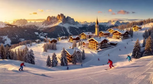 Vista aérea de Madonna di Campiglio con los Dolomitas de Brenta al fondo durante el atardecer dorado