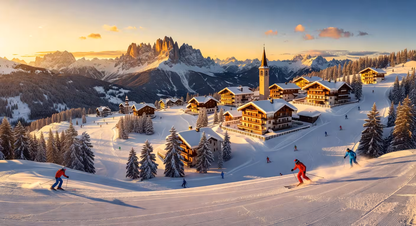 Vista aérea de Madonna di Campiglio con los Dolomitas de Brenta al fondo durante el atardecer dorado