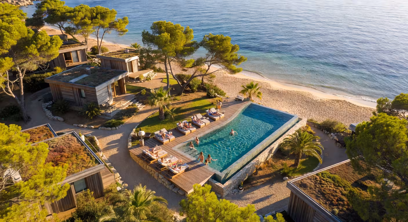 Vista aérea de un camping resort de lujo en la Costa Brava con bungalows modernos entre pinos y piscina