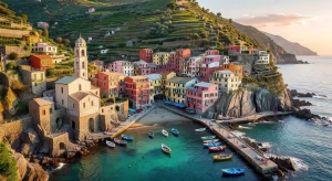 Vista aérea del pueblo de Vernazza en Cinque Terre con sus casas de colores sobre los acantilados del mar Mediterráneo