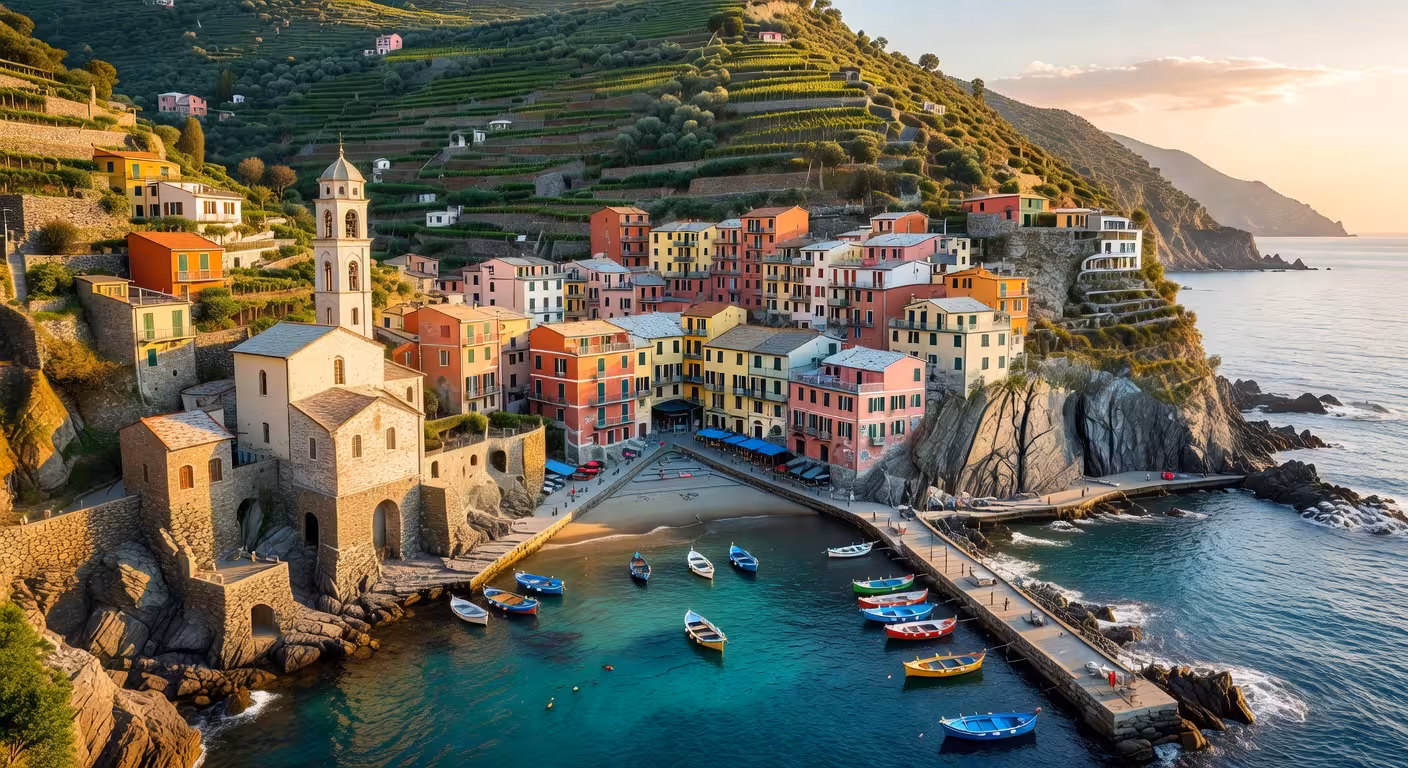 Vista aérea del pueblo de Vernazza en Cinque Terre con sus casas de colores sobre los acantilados del mar Mediterráneo