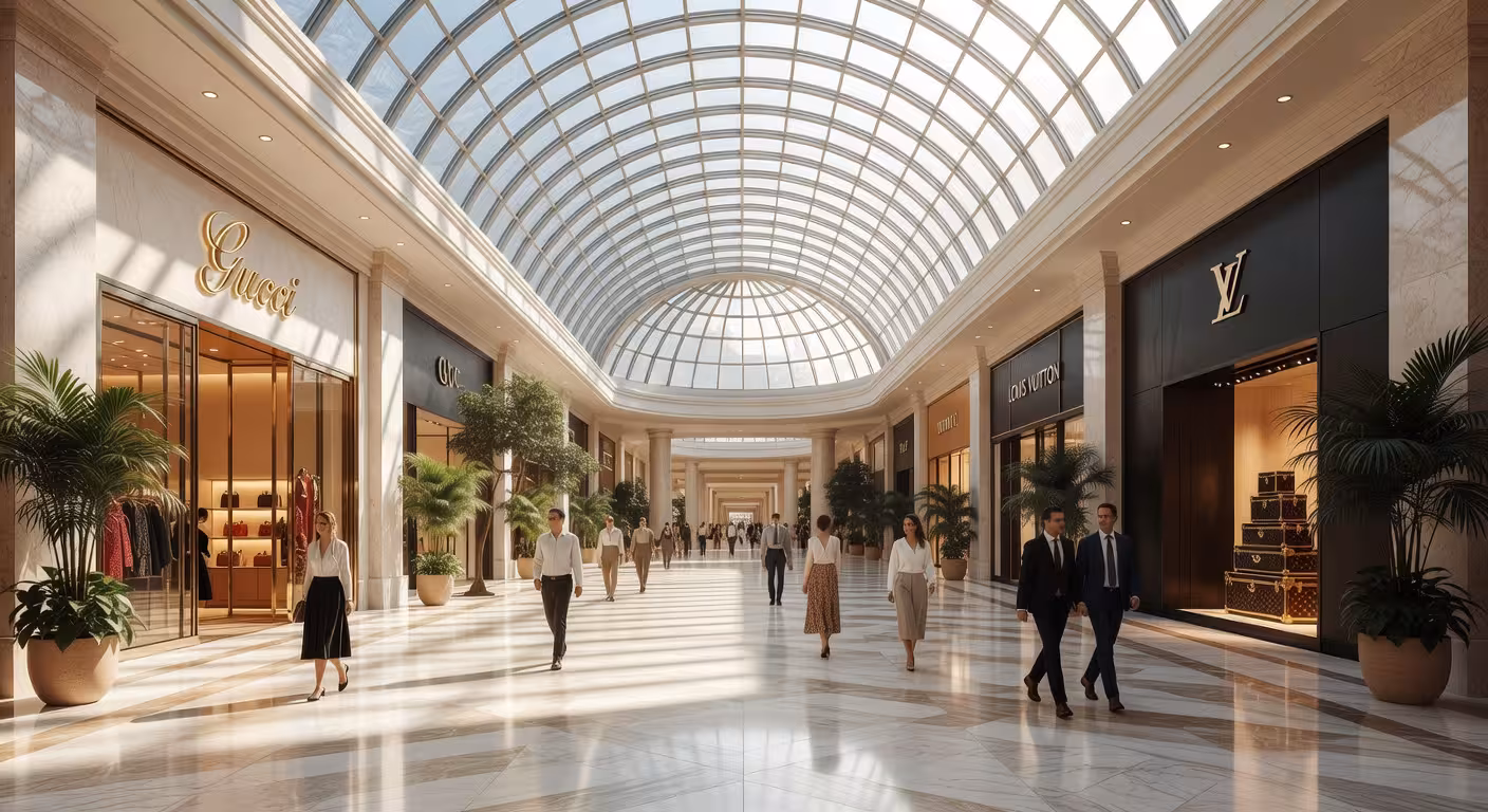 Los mejores destinos de centros comerciales de lujo en todo el mundo Interior de centro comercial de lujo con arquitectura moderna y boutiques premium