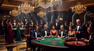 ¿Dónde está el casino más rico del mundo? Interior lujoso de casino de clase mundial con jugadores elegantes en mesas de juego