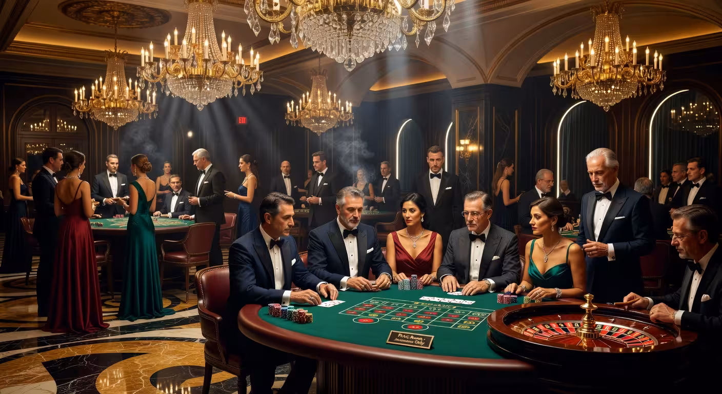 ¿Dónde está el casino más rico del mundo? Interior lujoso de casino de clase mundial con jugadores elegantes en mesas de juego