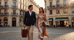12 destinos turísticos conocidos por su atmósfera refinada Pareja elegante paseando por destino turístico de lujo en Europa