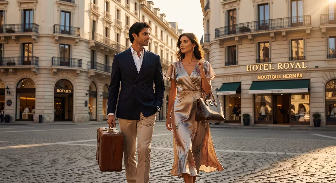 12 destinos turísticos conocidos por su atmósfera refinada Pareja elegante paseando por destino turístico de lujo en Europa
