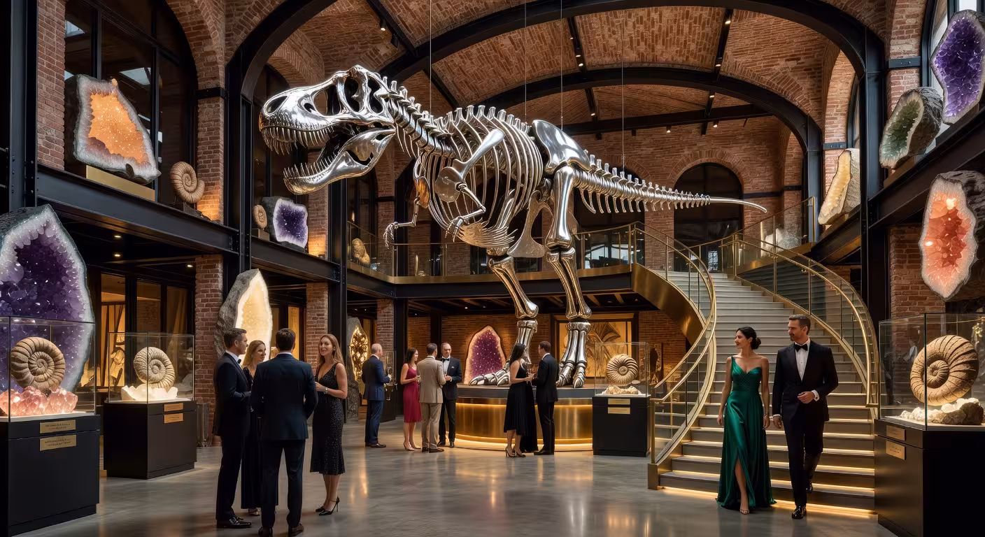 Vestíbulo espectacular del JW Marriott Savannah con dinosaurio cromado y exhibiciones de fósiles