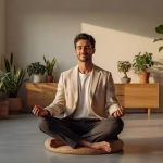 Emprendedor mediterráneo practicando meditación en su oficina moderna para reducir el estrés laboral