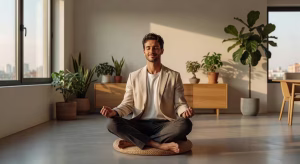 Emprendedor mediterráneo practicando meditación en su oficina moderna para reducir el estrés laboral