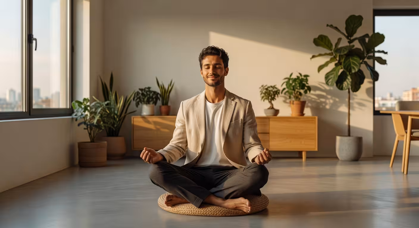 Emprendedor mediterráneo practicando meditación en su oficina moderna para reducir el estrés laboral
