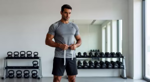 ¿Qué es un IMC saludable y por qué ya no es suficiente? Hombre midiendo su perímetro de cintura con cinta métrica en gimnasio moderno