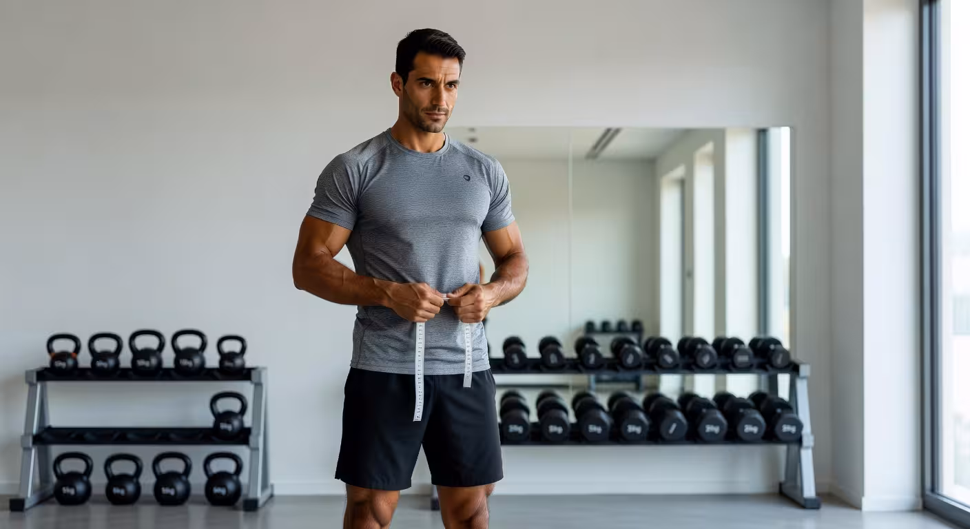 Hombre midiendo su perímetro de cintura con cinta métrica en gimnasio moderno