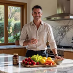 Hombre tomando vitaminas y suplementos para combatir la fatiga en una cocina de lujo