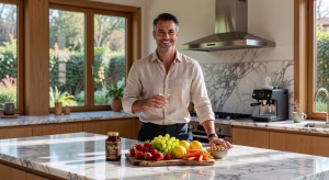Hombre tomando vitaminas y suplementos para combatir la fatiga en una cocina de lujo